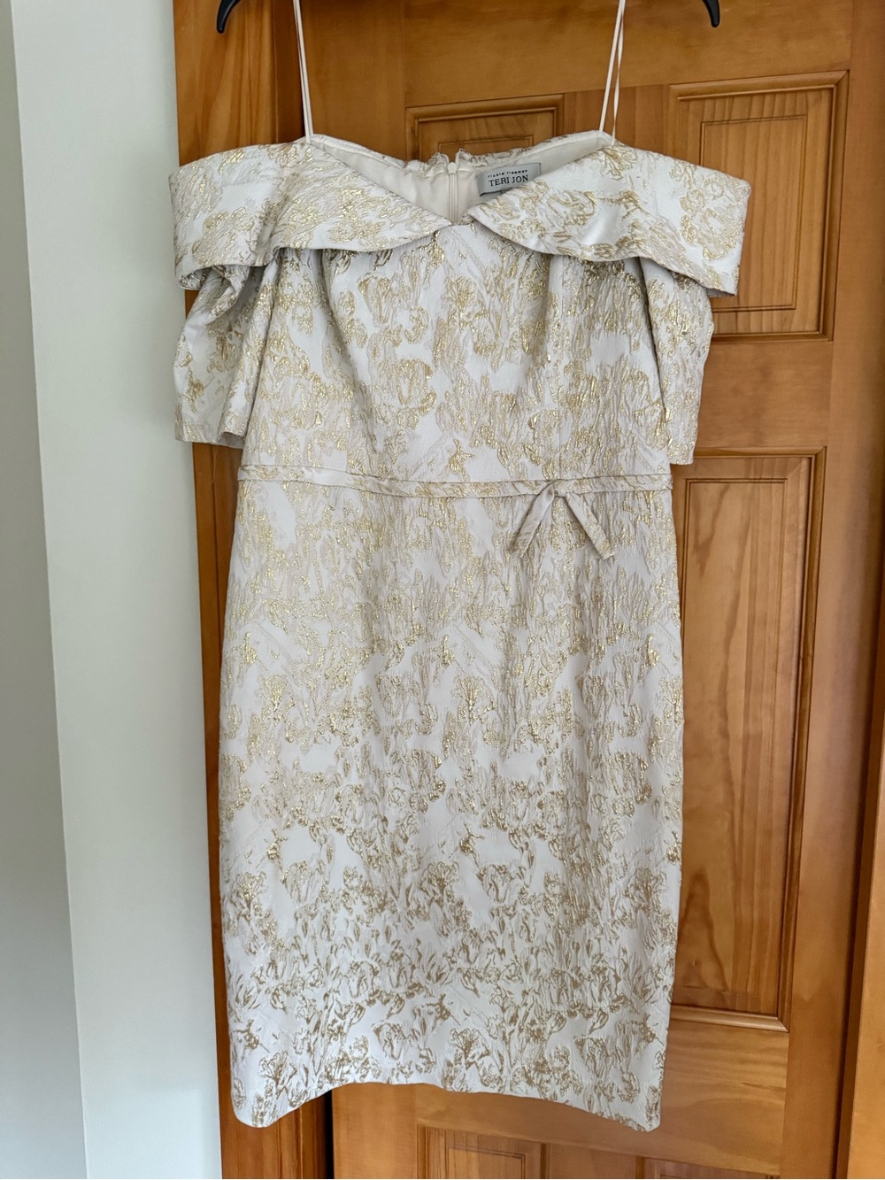 Off-Shoulder Metallic Brocade Dress in Cream and Gold